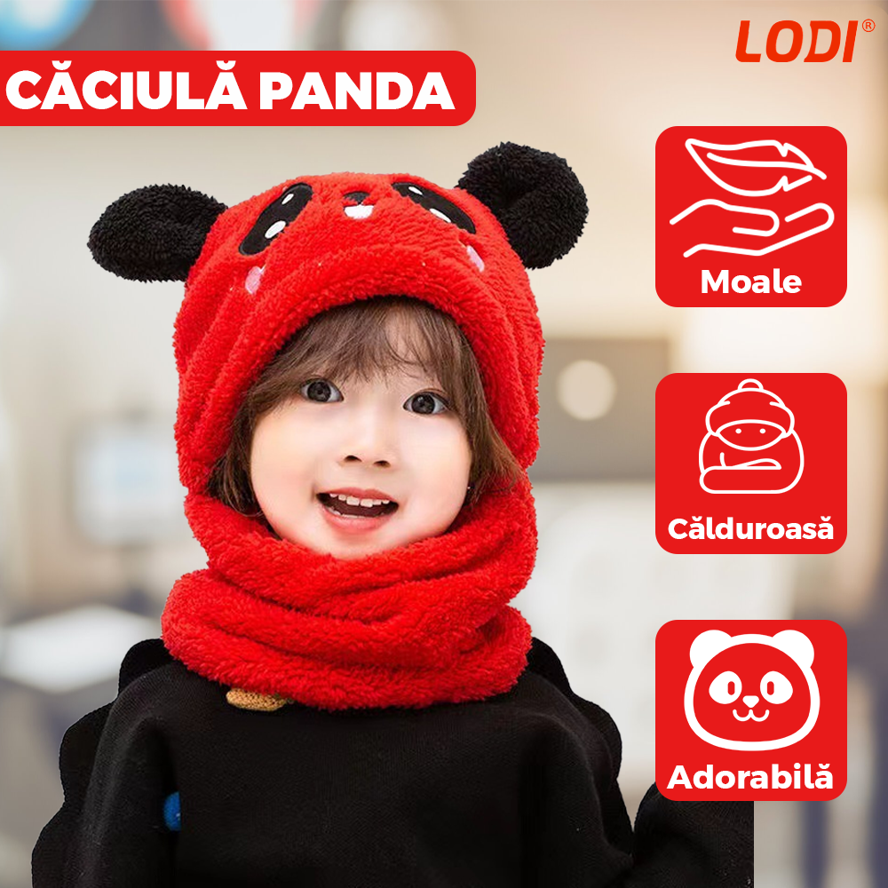 Caciula Pentru Copii Tip Cagula Lodi522, 2 in 1, tematica lumea animalelor, model ursulet panda zambitor, 1-5 ani, rosu