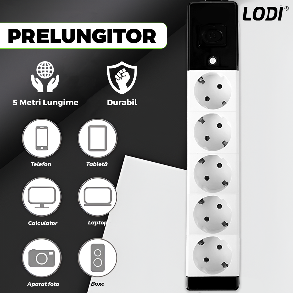 Prelungitor Lodi1281, 5 prize, intrerupator, suport de agatare incorporat, rezistent la temperaturi inalte, universal, lungime 5 metri, negru/alb