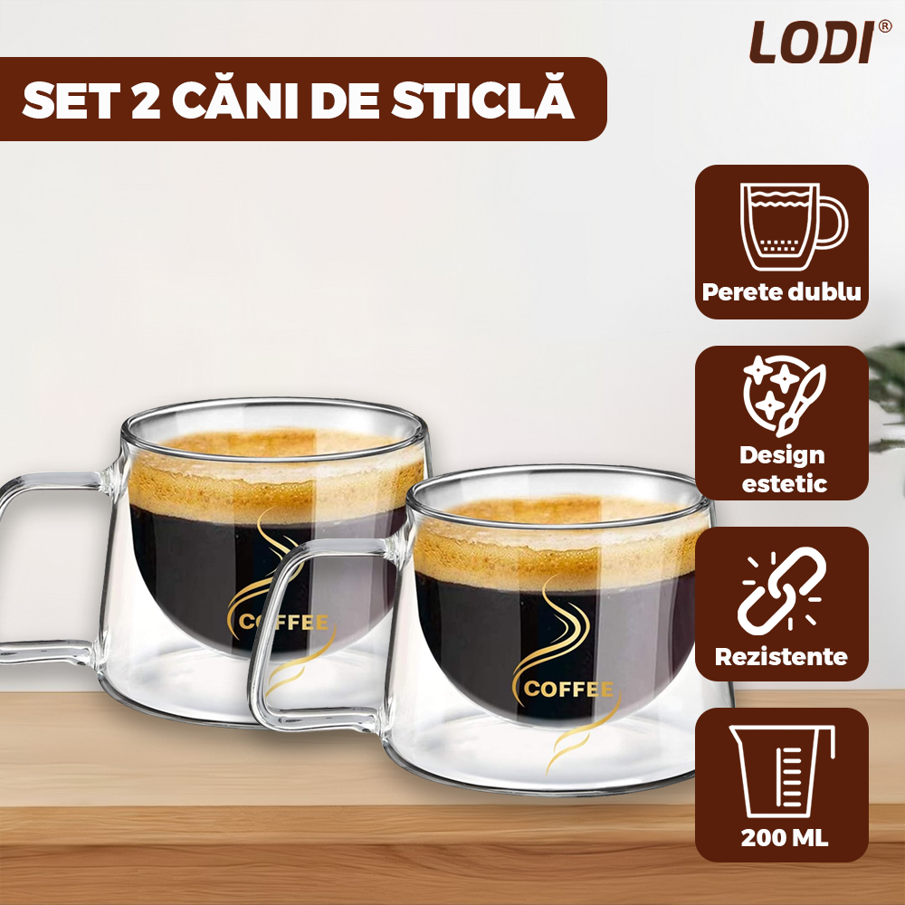 Set 2 Cani de Sticla cu Perete Dublu Lodi1003, model COFFEE, design modern, termorezistente, capacitate 200 ml, 12 x 8 cm