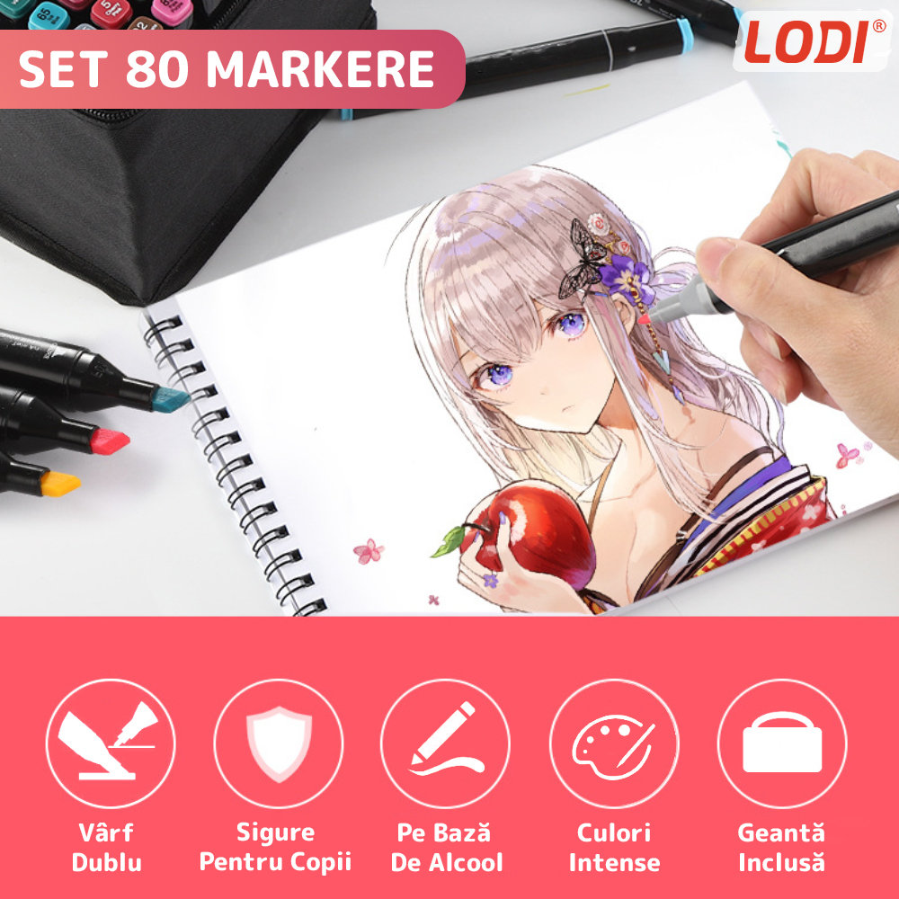 Set 80 Markere Lodi17, geanta de depozitare inclusa, 2 tipuri de varf, pe baza de alcool, culori intense, multicolor