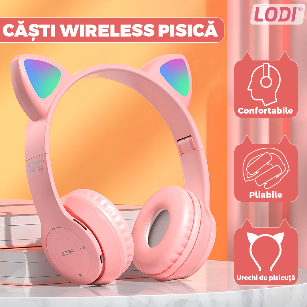 Casti Wireless Model Pisica Lodi951, P47M, overear, urechi de pisica cu iluminare RGB, bluetooth 5.0, handsfree, HiFi, bass stereo, roz