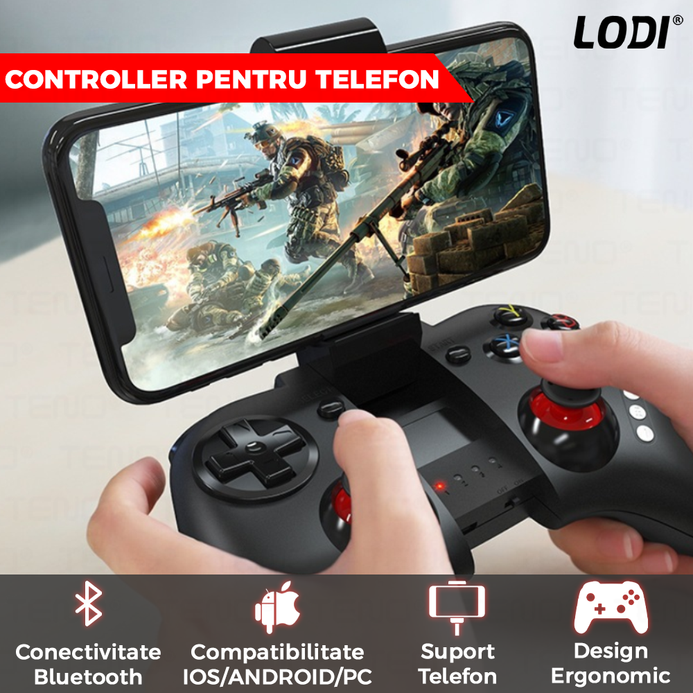 Controller Gamepad 3in1 Lodi463, Bluetooth, compatibil IOS/Android/PC, autonomie 20 ore, suport telefon reglabil, multiple functii, Negru