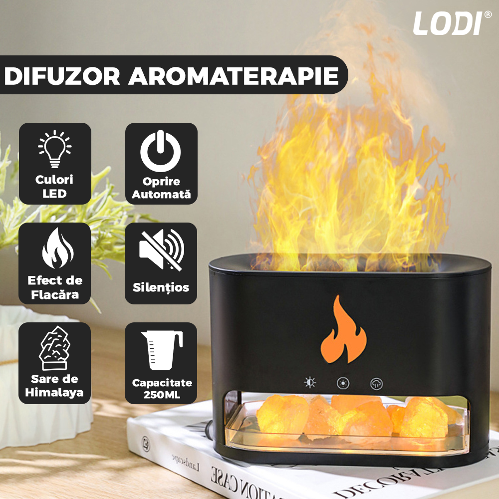 Difuzor Aromaterapie Lodi594, efect flacara, 4 culori LED, capacitate 250ml, cristale de sare de himalaya, silentios, umidifica aerul, negru