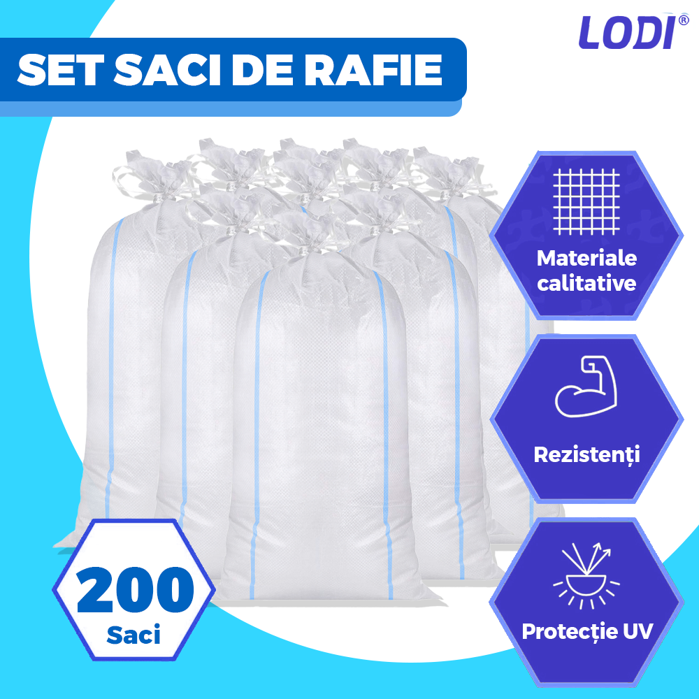 Set 200 de Saci de Rafie Lodi1252, materiale calitative, rezistenta ridicata, capacitate mare, waterproof, universali, 55 x 100 cm, alb/albastru