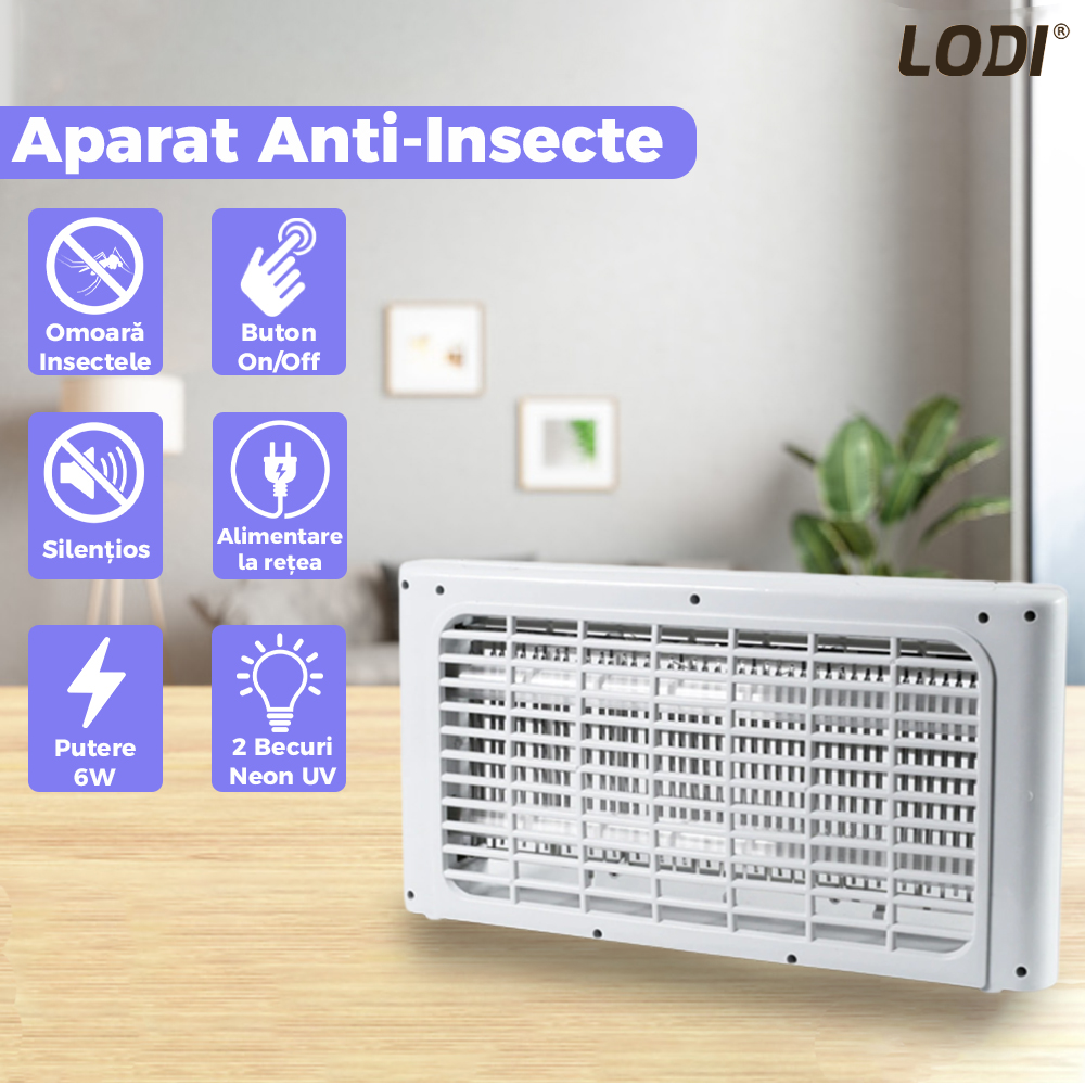 Aparat Electric Anti-Insecte Lodi223, 6W, Insectocutor cu 2x tuburi ultraviolete, raza de actiune 200 m², unghi de propagare 360º, design modern, alb