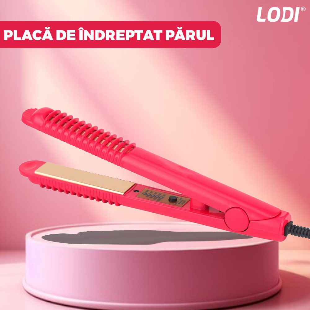 Placa profesionala de indreptat parul Lodi457, invelis ceramic, portabila, 4 trepte de temperatura, easy lock, par umed si uscat, 210°, roz