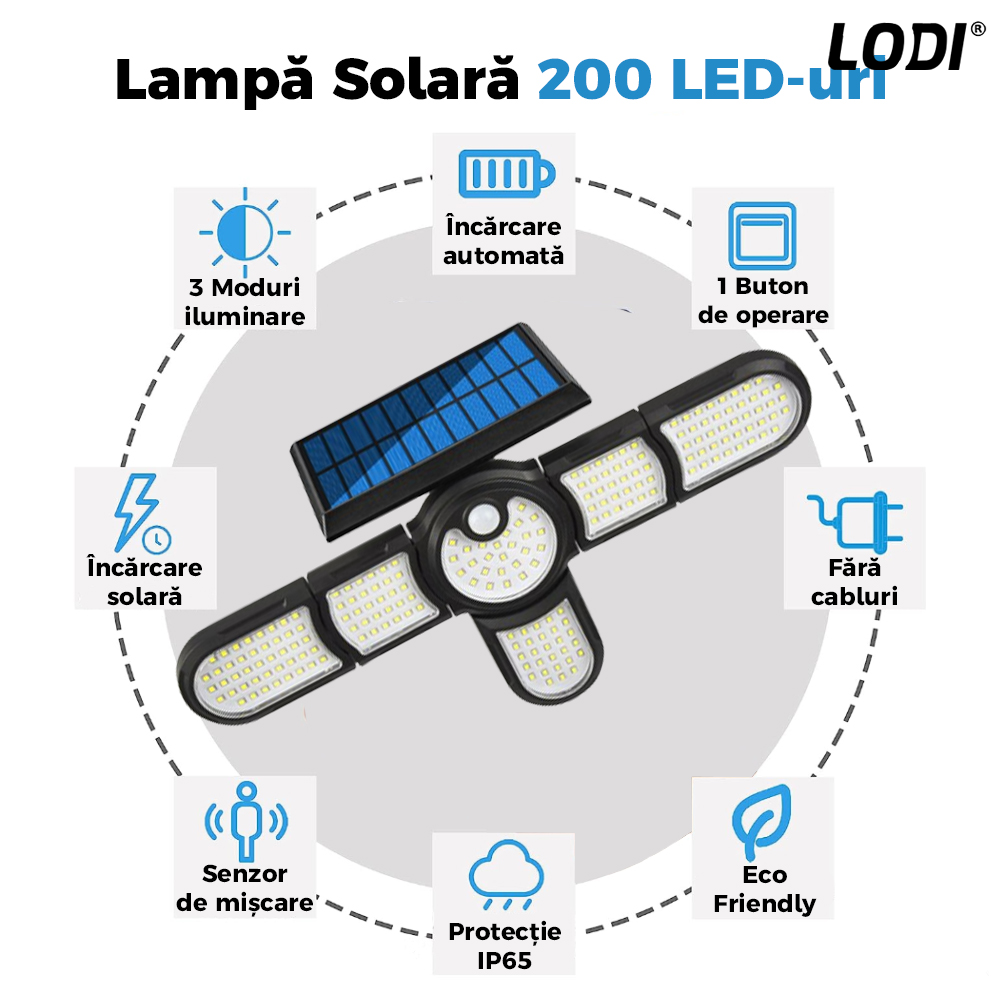 Lampa Solara 200 LED-uri Lodi266, 6 Capete, senzor de miscare, 3 moduri de iluminare, protectie IP65, Waterproof, exterior, negru