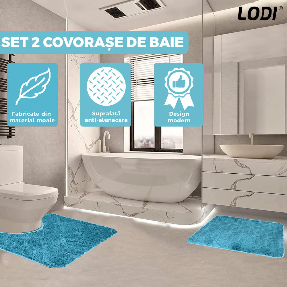 Set 2 Covorase de Baie Lodi1020, anti-derapante, material moale, design modern, model romburi, 80x50 & 50x40cm, turcoaz