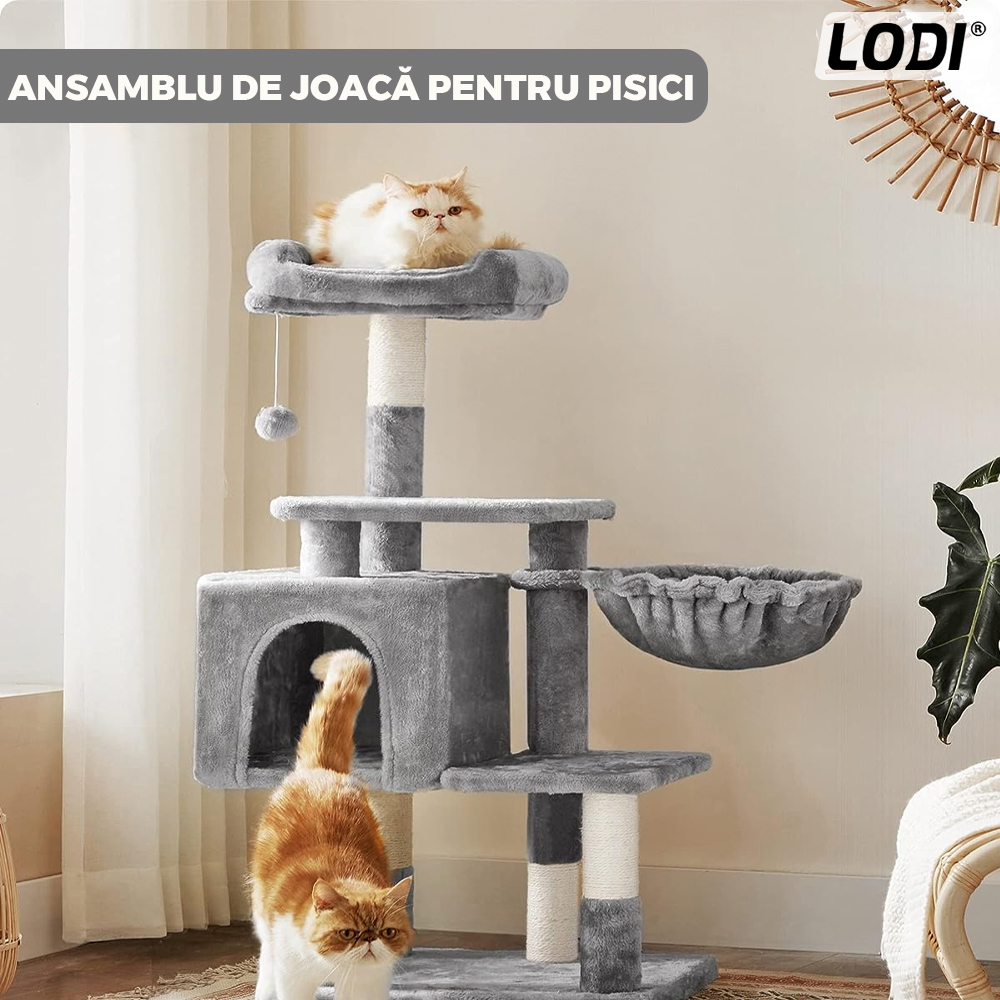 Ansamblu de Joaca pentru Pisici Lodi320, cu 3 platforme de observatie, 3 niveluri, 1 casuta, franghie si minge de joaca, stalpi pentru zgariat, captuseala extra moale, structura stabila, 110 cm, gri