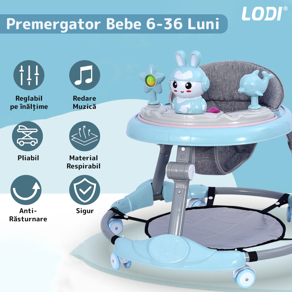 Premergator Multifunctional pentru Bebelusi Lodi30, tava cu 3 jucarii, muzica, reglabil, pliabil, greutate max 20kg, 6-36 luni, albastru