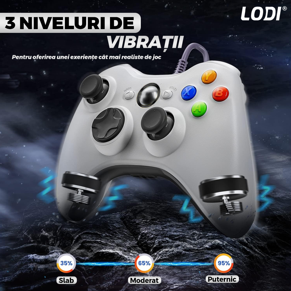 Controller de Joc cu Fir Lodi1426, compatibil cu Xbox 360/Slim/PC Windows 7/8/10, vibrații duble turbo cu 3 intensități, sensitivitate ridicată, cablu cu lungime de 2.5 m, alb