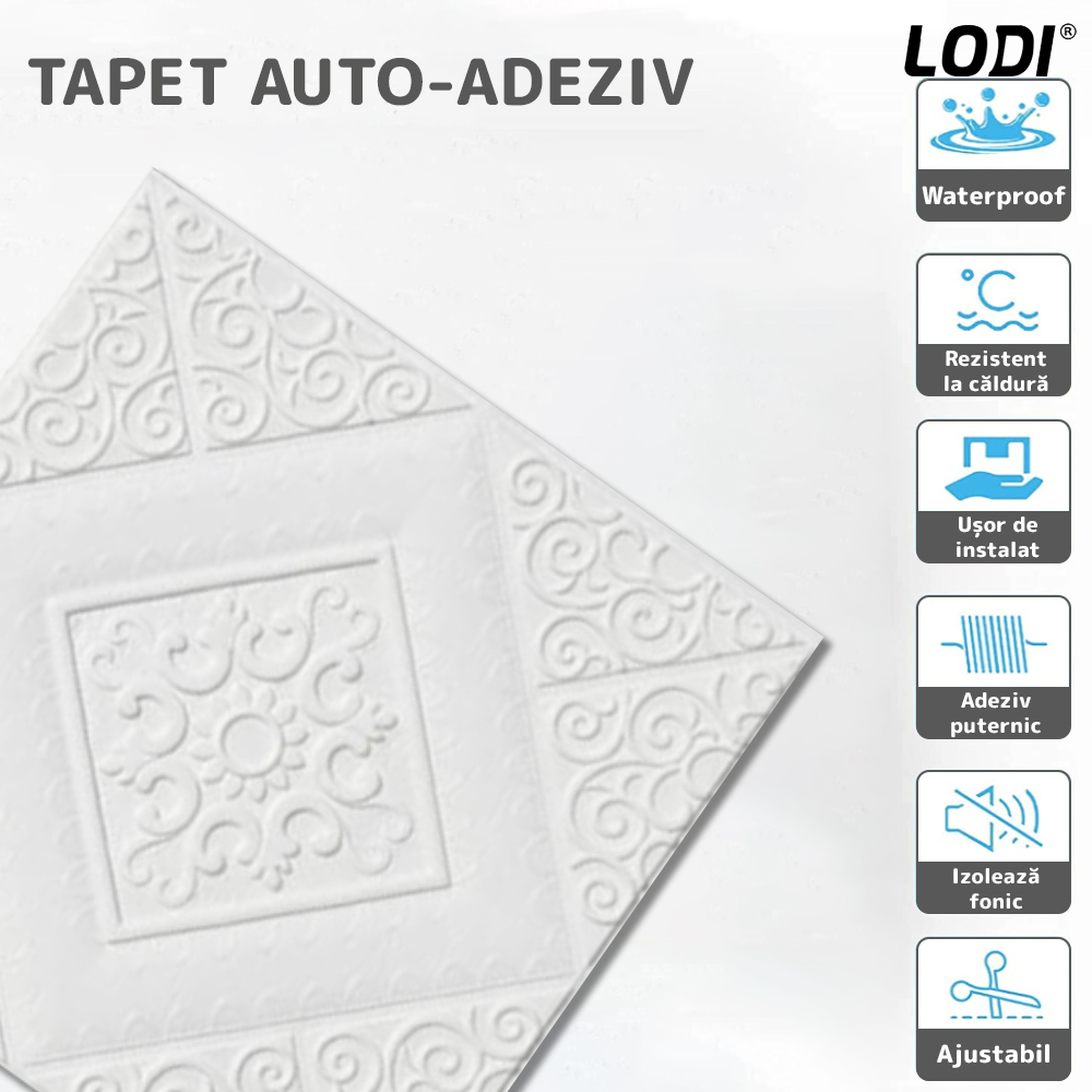 Set Tapet Mic 3D Lodi110, suprafata acoperire 3.06 mp, autoadeziv, perete/tavan, model floare, waterproof, usor de montat, design modern, 35x35 cm, alb