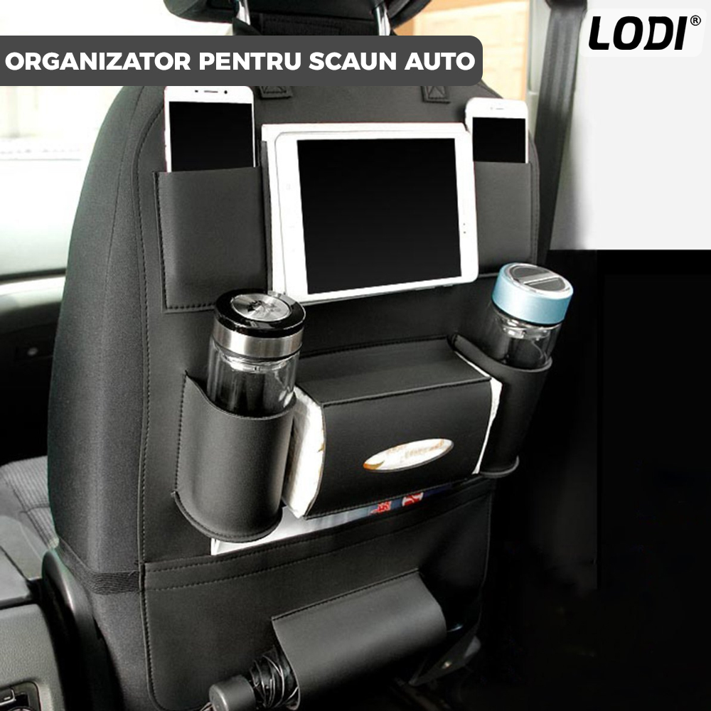 Organizator pentru Scaun Auto Lodi136, 9 Compartimente, multifunctional, universal, suport tableta si telefon, suport servetele, negru