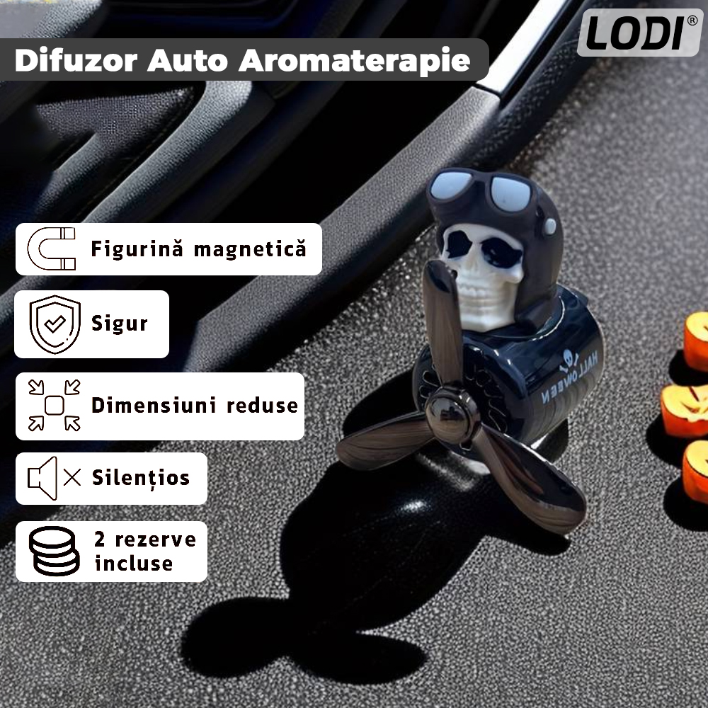 Difuzor Auto Aromaterapie Lodi339 car pilot skeleton, kit odorizant, 2 arome cu extracte naturale incluse