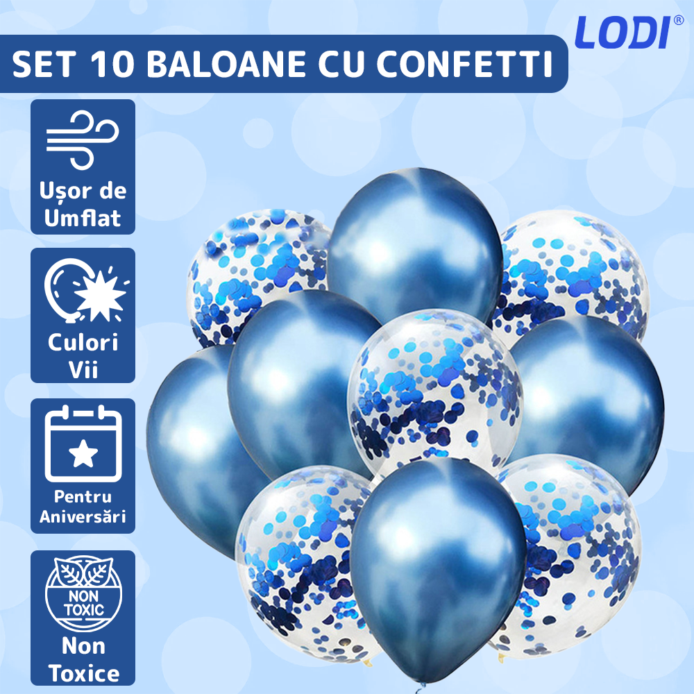 Set 10 Baloane Lodi725, Confeti, pentru Petreceri/Aniversari/Evenimente, o singura dimensiune, 2 culori, latex, albastru inchis