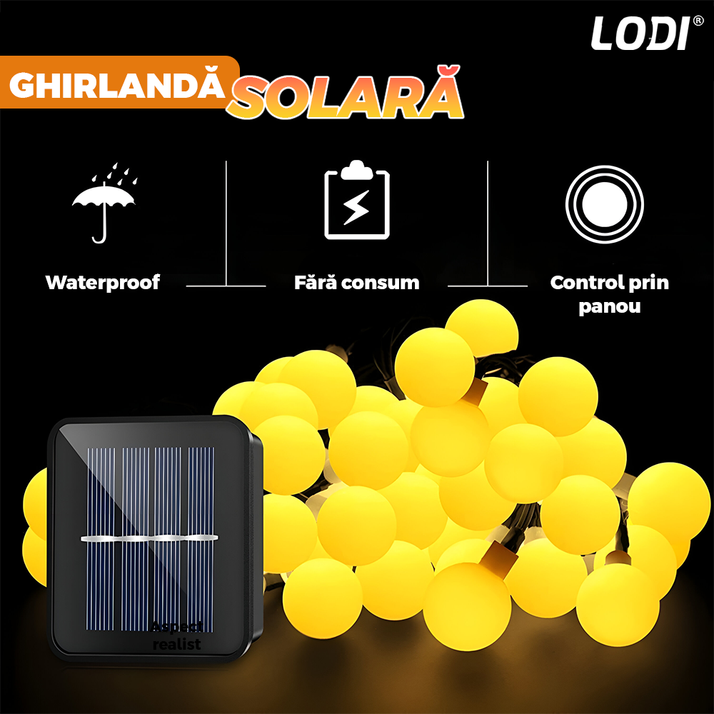 Ghirlanda Solara cu Globuri Lodi1262, 50 de LED-uri, incarcare solara, autonomie ridicata, protectie IP65, 8 moduri de iluminare, 7 metri, alb cald