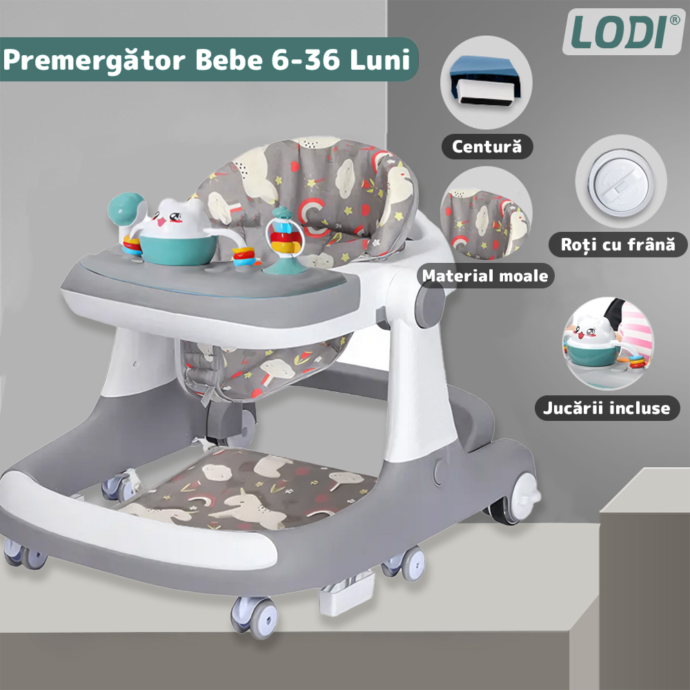 Premergator Multifunctional pentru Bebelusi Lodi1100, tava cu 3 jucarii, pisica, muzica, reglabil, pliabil, greutate max 20kg, 6-36 luni, gri