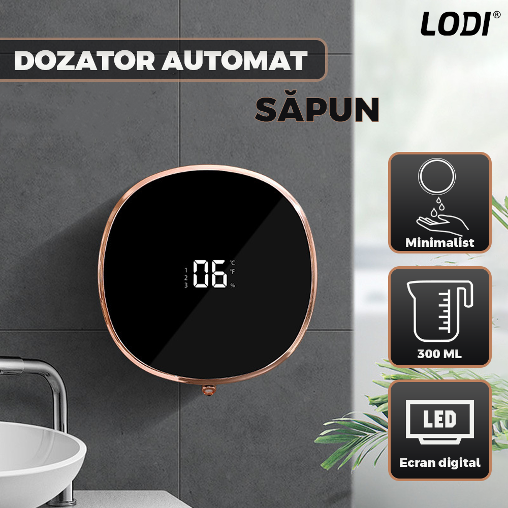 Dozator Automat pentru Sapun Lodi1217, spuma sau lichid, afisaj digital, 3 trepte de dozare, senzor inteligent de miscare, baterie reincarcabila, montare adeziva pe perete, alb/negru