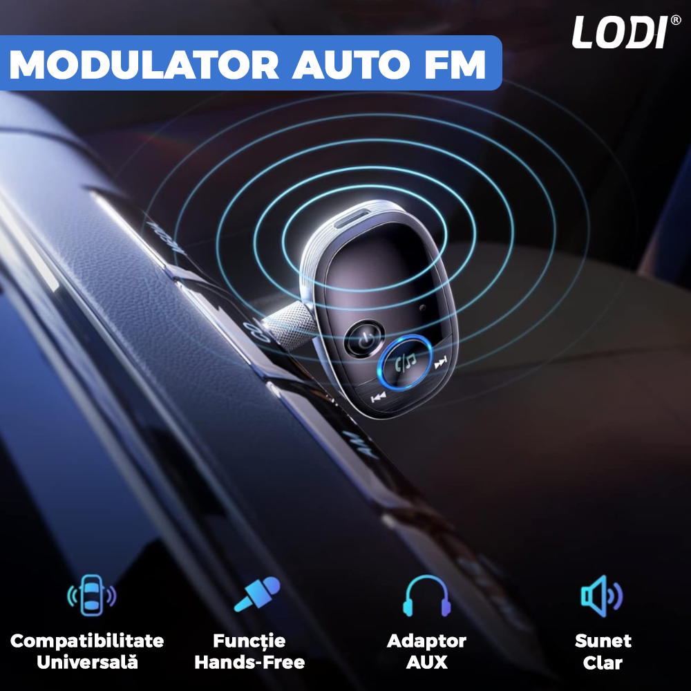 Modulator FM Lodi538 Bluetooth 5.0, hands-free, adaptor Aux, 2 moduri de conectare, led indicator, super portabil, negru
