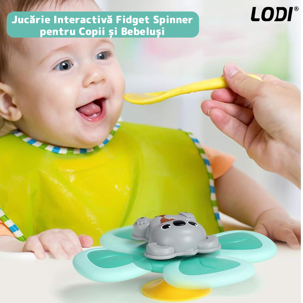 Jucarie Interactiva Fidget Spinner Lodi6, forma Koala, margini de silicon, 2 laturi, ventuza de prindere, 1-3 ani, verde