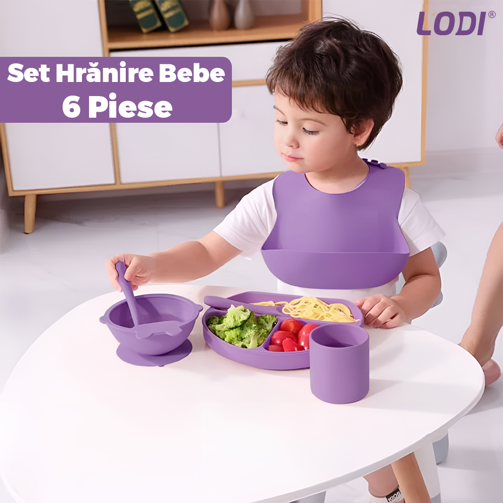 Set Hranire Bebeulsi Lodi1008, 6 piese, termorezistente, silicon, fara BPA, pliabile, usor de curatat, mov lila