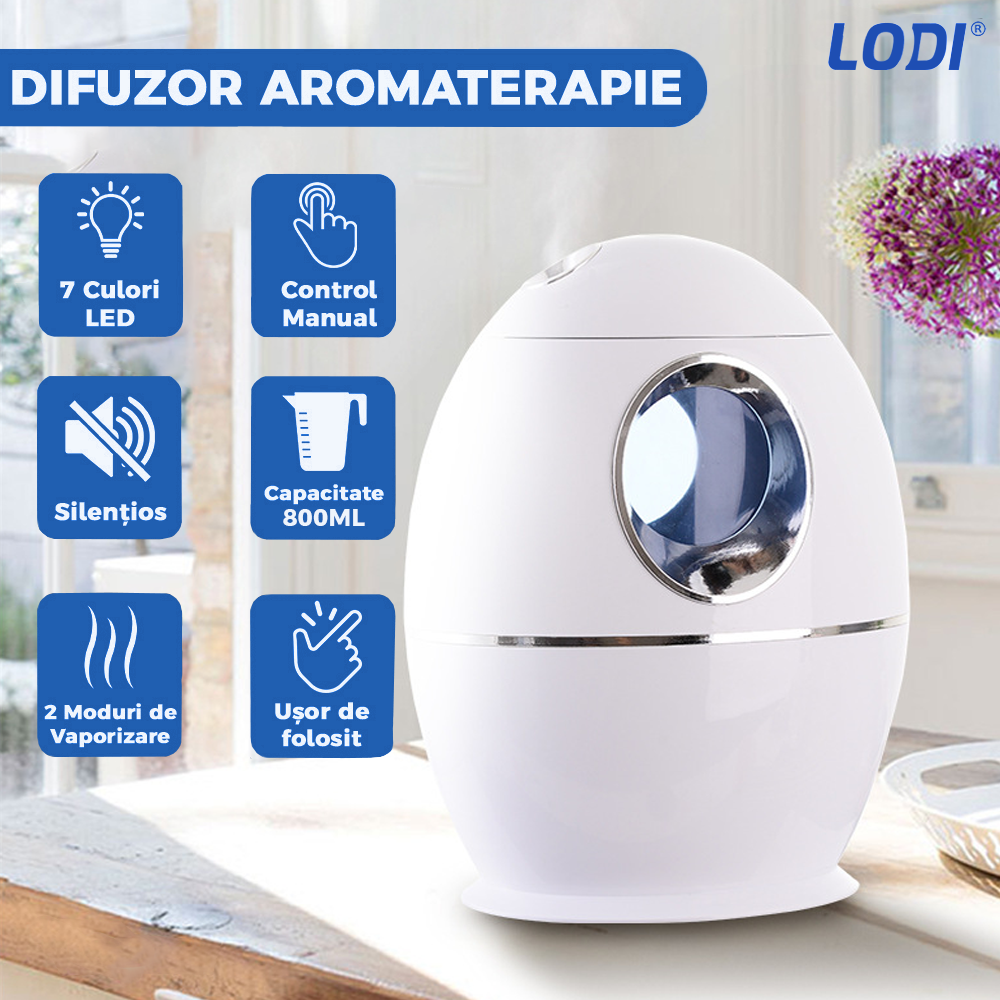 Difuzor Aromaterapie Lodi606, cu ultrasunete, design minimalist, 7 culori LED, 2 moduri de eliberare a aerului, capacitate 8000ml, silentios, umidifica aerul, alb