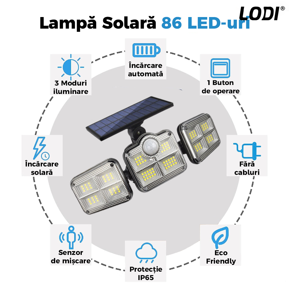 Lampa Solara Tripla 86 LED-uri Lodi263, senzor de miscare, 3 moduri de iluminare, protectie IP65, Waterproof, exterior, negru