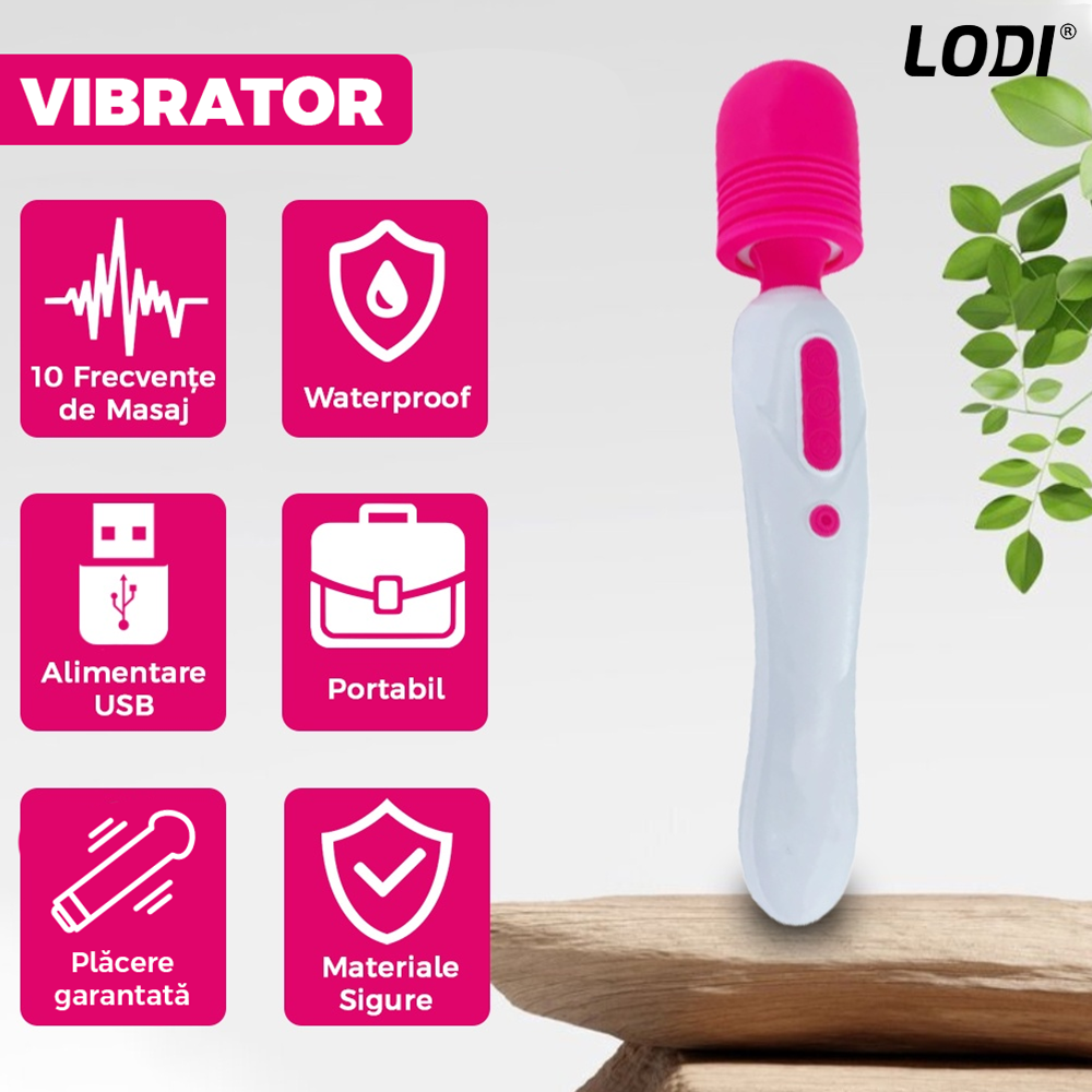 Aparat de Masaj Lodi1096, 10 Frecvente de Vibratii, waterproof, alimentare USB, portabil, elimina durerile musculare, roz/alb