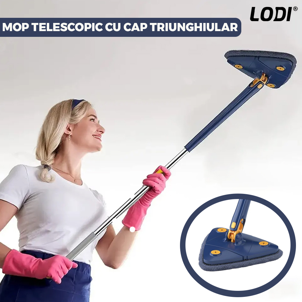 Mop cu Cap Triunghiular Lodi321, rotire 360 grade, telescopic, curatare usoara, 4 lavete incluse, 127 cm, albastru/galben