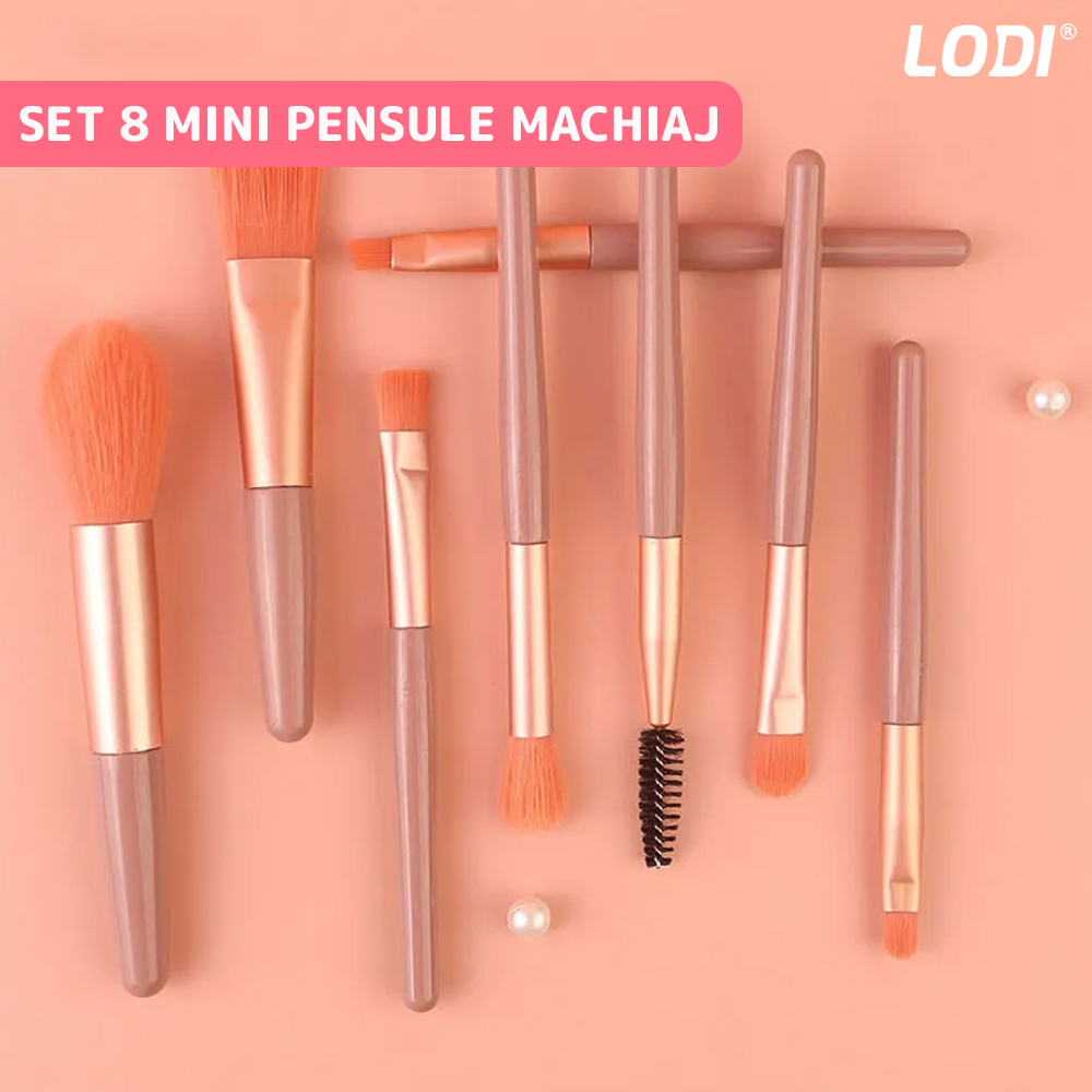 Set 8 Mini Pensule pentru Machiaj Lodi311, machiaj profesional/incepatori, portabile, roz