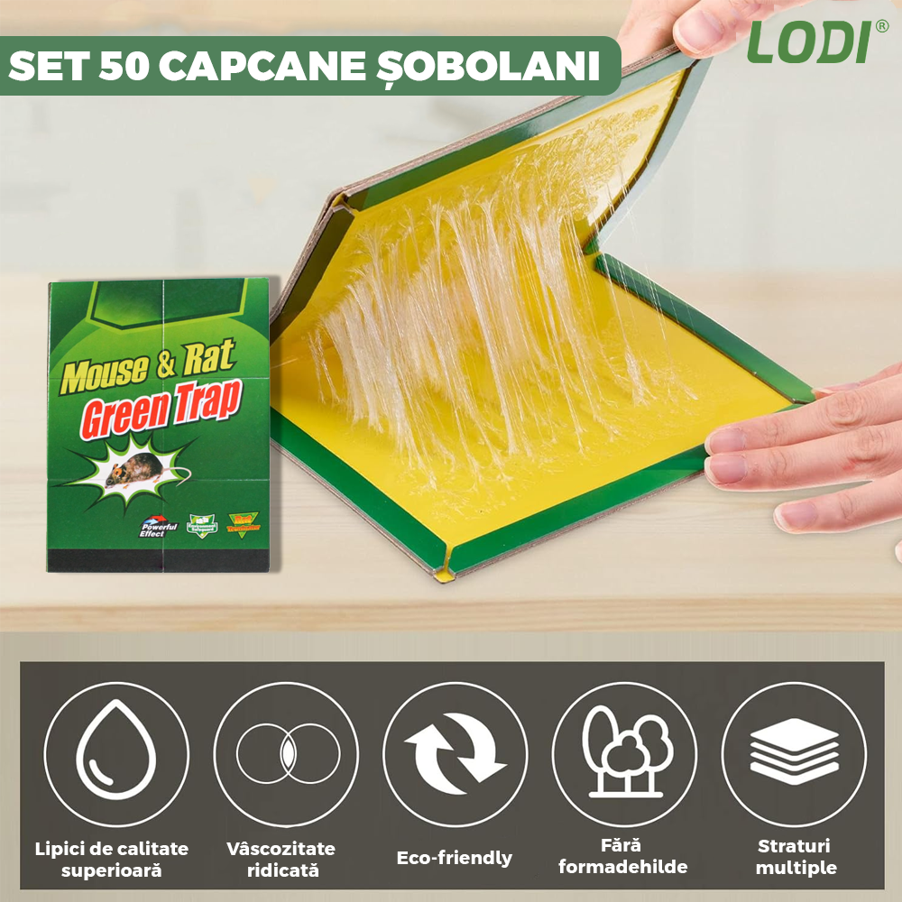 Set 50 x Capcane cu Lipici pentru Sobolani Lodi996, soareci, insecte, daunatori, din carton, tip carte, adeziv puternic, fara miros, reutilizabile, pentru exterior/interior, non-toxice, verde