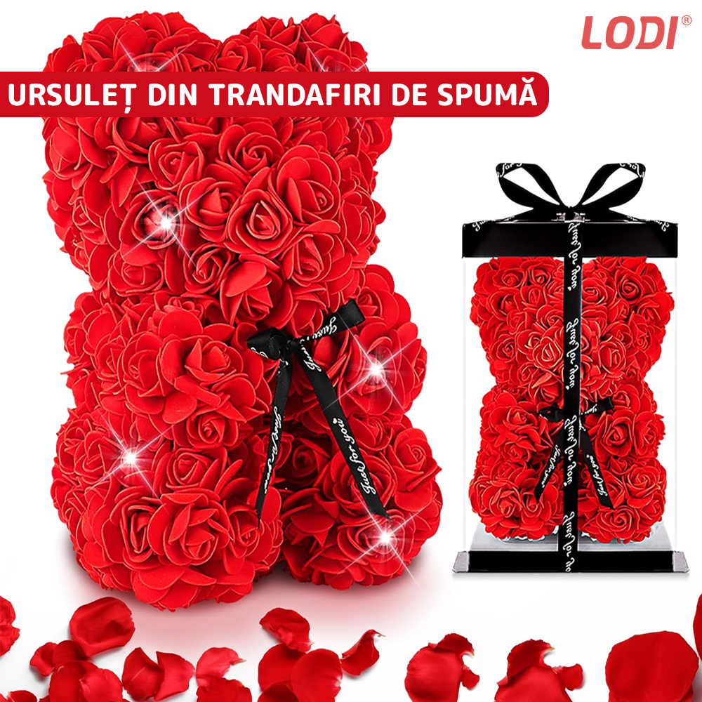 Ursulet din Trandafiri de Spuma Lodi330, floral rosu, handmade, cutie transparenta, 25 cm
