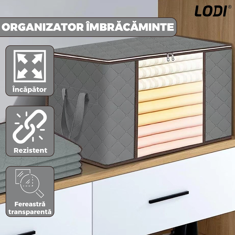 Cutie Depozitare si Organizare Mica Lodi1027, pliabila, maner ranforsat si fereastra transparenta, pentru haine/paturi/ plapumi/ perne/ lenjerii de pat/jucarii, 60 L, 46x 48x 28 cm, gri deschis