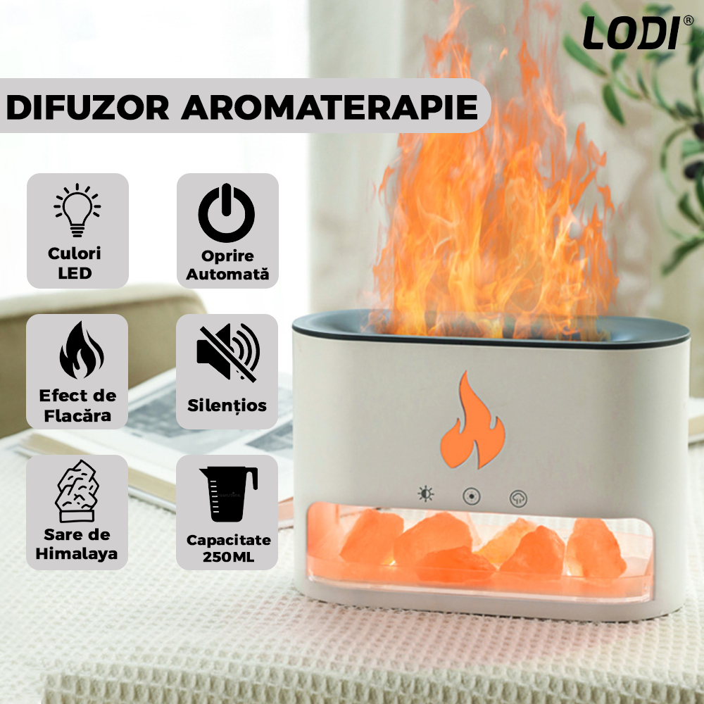 Difuzor Aromaterapie Lodi593, efect flacara, 4 culori LED, capacitate 250ml, cristale de sare de himalaya, silentios, umidifica aerul, alb