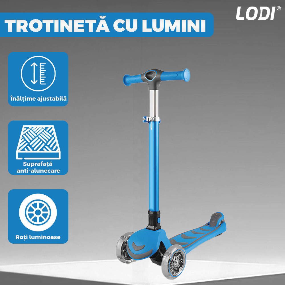 Trotineta pentru Copii cu Lumini Lodi1052, 3 roti, pliabila, anti-aluncare, inaltime ajustabila, stabila, frana, incorporata, 3-11 ani, albastru