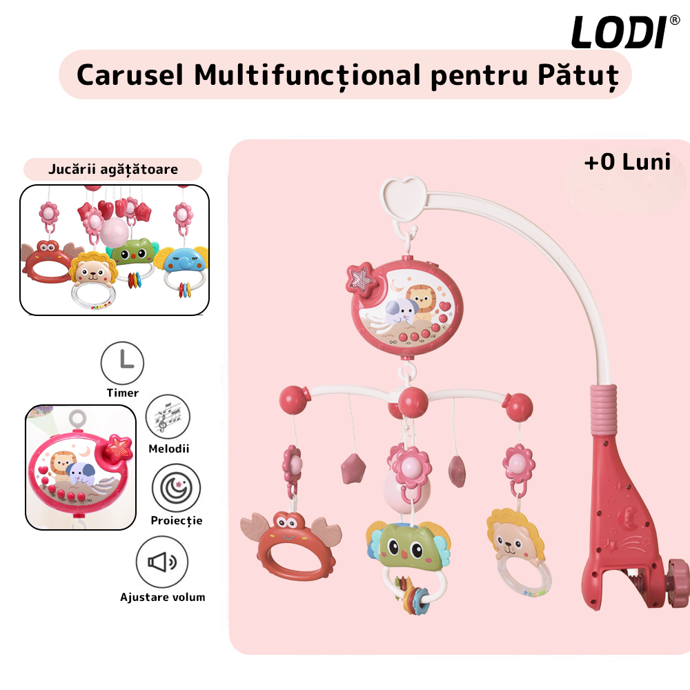 Carusel Muzical pentru Patut Lodi642, Bebe, control prin telecomanda, proiector, muzica si lumini, jucarii detasabile, rosu