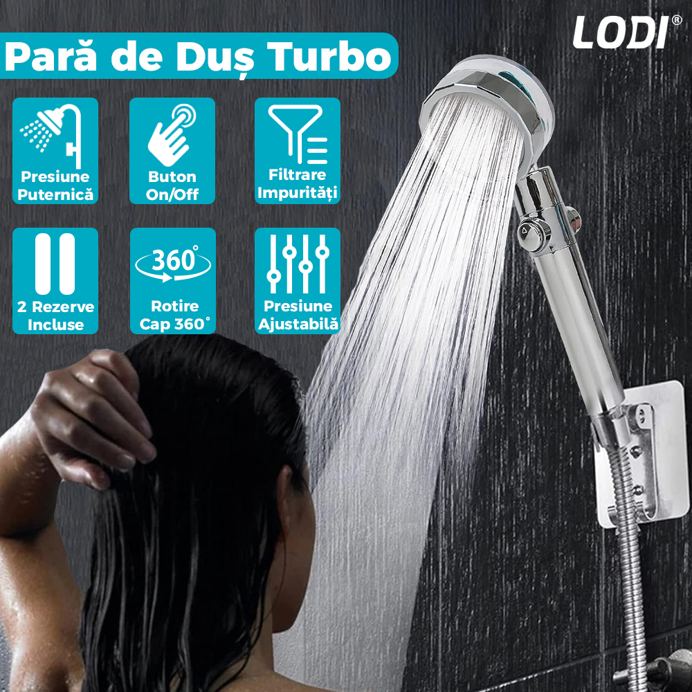 Para de Dus Turbo Lodi196, 2 filtre extra, buton On/Off, presiune ajustabila, filtrare apa, jet uniform, cap Rotativ 360°, albastru