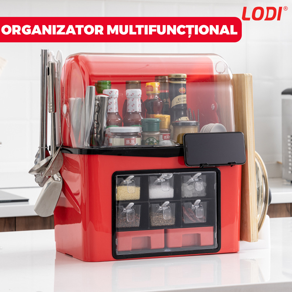 Organizator Multifunctional pentru Bucatarie Lodi484, suport sticle, rafturi pentru condimente, cuier pentru ustensile, suport cutite, 46 x 26 x 43 cm, rosu