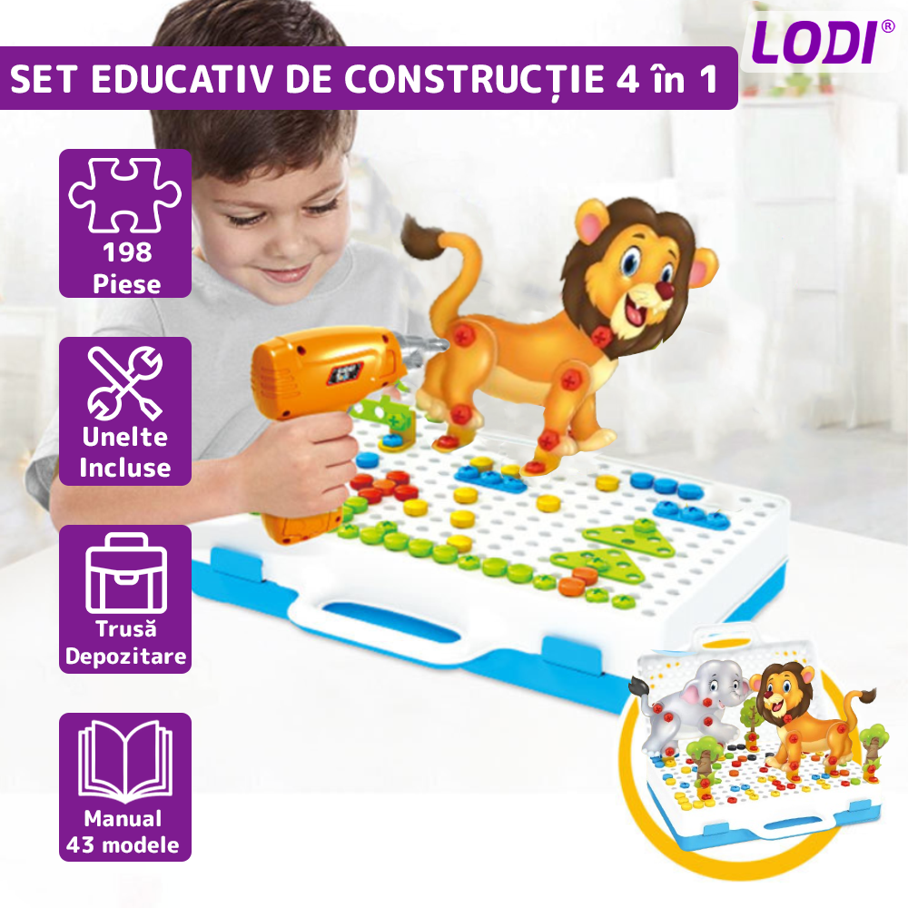 Jucarie Educativa si Interactiva 4in1 Lodi512, 198 piese, bormasina pentru inginerie, pentru fete si baieti, manual inclus, puzzle 3D/2D, dezvoltare STEM, montessori, multicolor