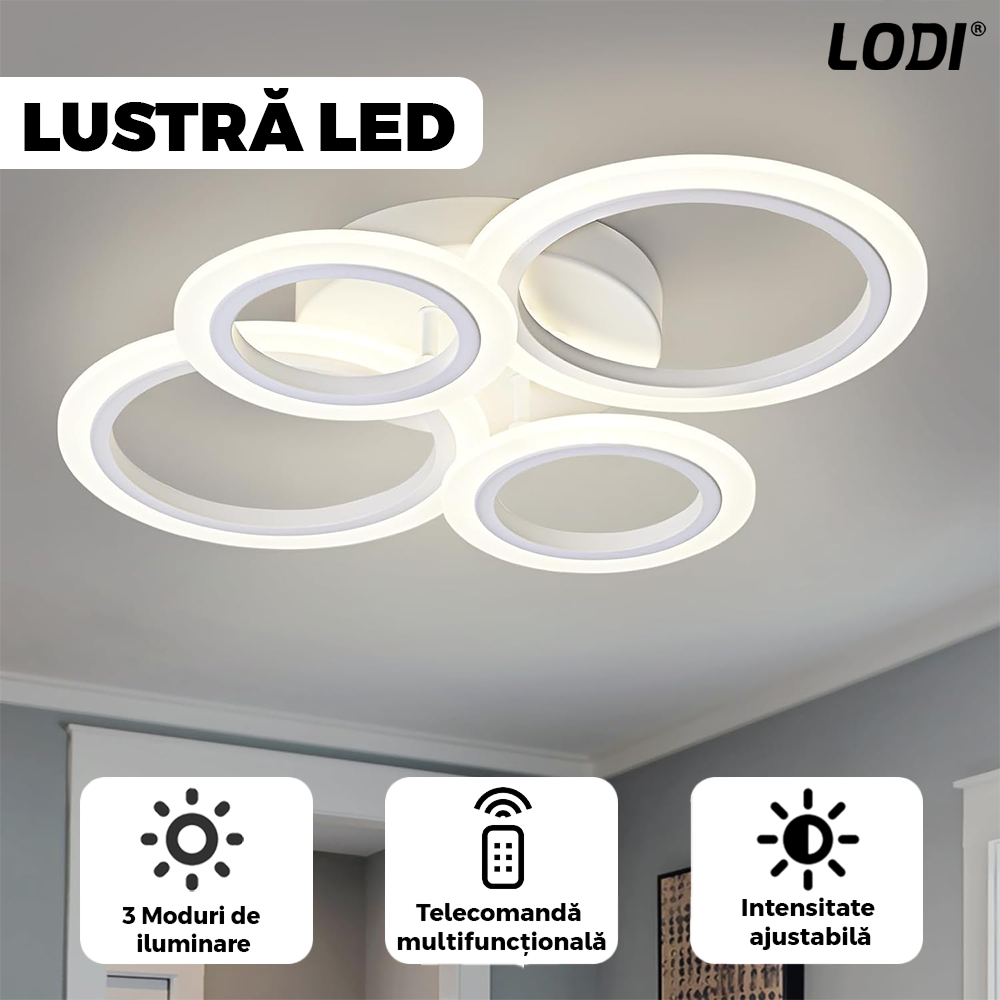 Lustra LED 4 Cercuri Lodi425, dimabila cu telecomanda, 3 tipuri de lumina, intensitate ajustabila, lumina alba rece, neutra, alba cald, putere 110 W, 55 cm