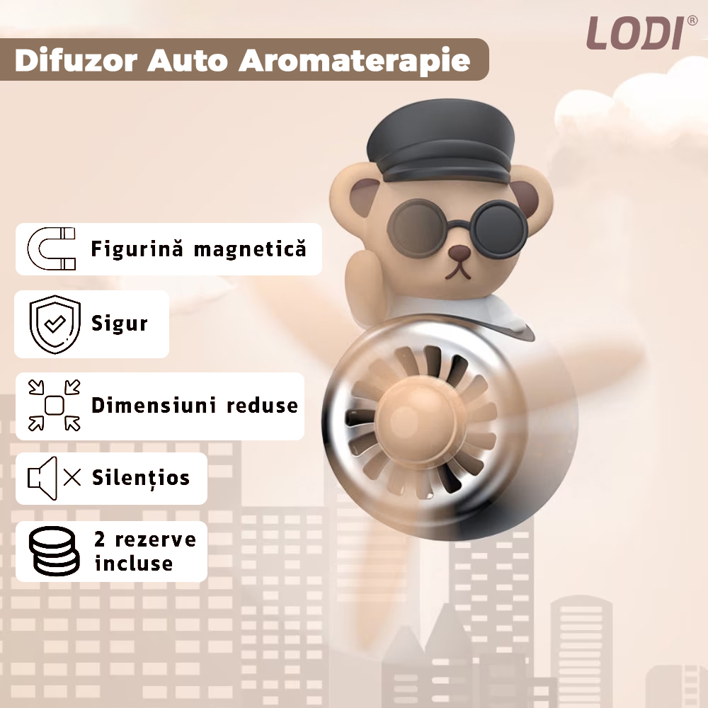 Difuzor Auto Aromaterapie Lodi335 cat pilot bear cu ochelari, kit odorizant, 2 arome cu extracte naturale incluse