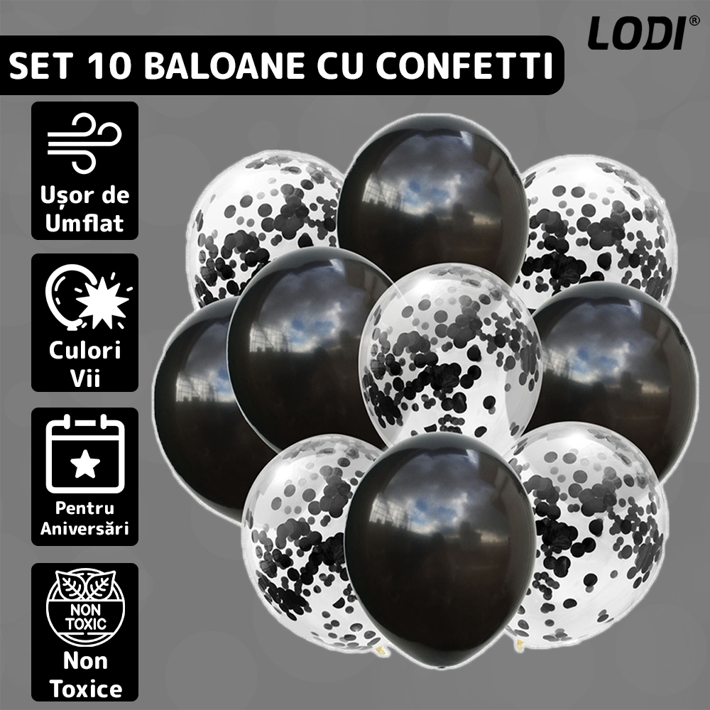 Set 10 Baloane Lodi771, Confeti, pentru Petreceri/Aniversari/Evenimente, o singura dimensiune, 2 culori, latex, negru
