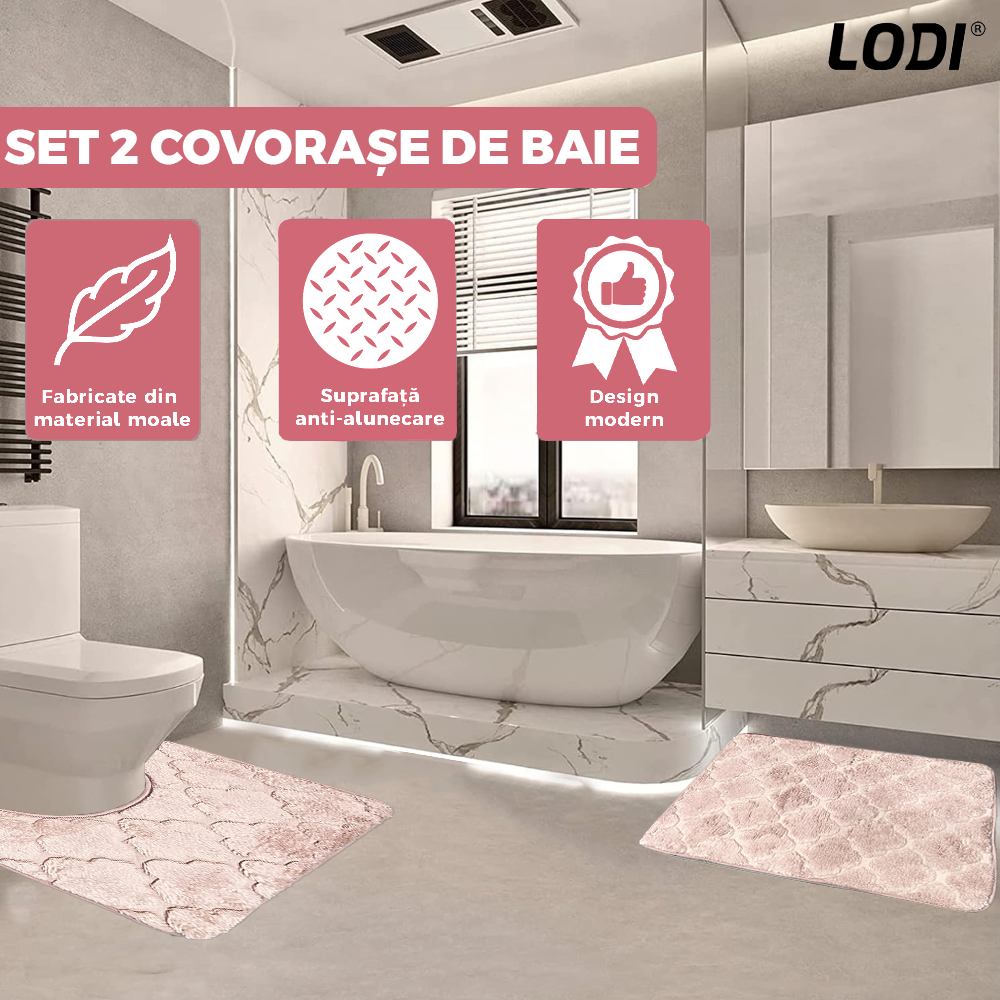 Set 2 Covorase de Baie Lodi1019, anti-derapante, material moale, design modern, model floral, 80x50 & 50x40cm, roz