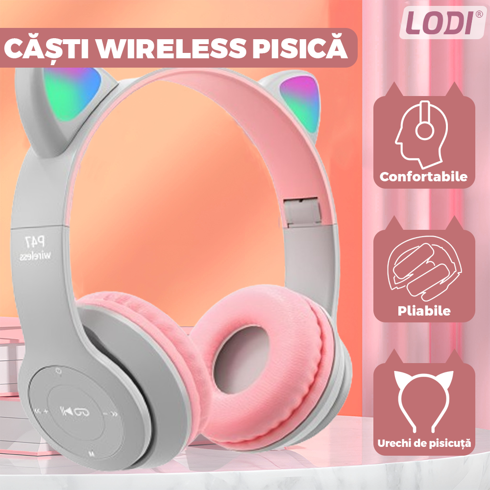 Casti Wireless Model Pisica Lodi953, P47M, overear, urechi de pisica cu iluminare RGB, bluetooth 5.0, handsfree, HiFi, bass stereo, gri/roz