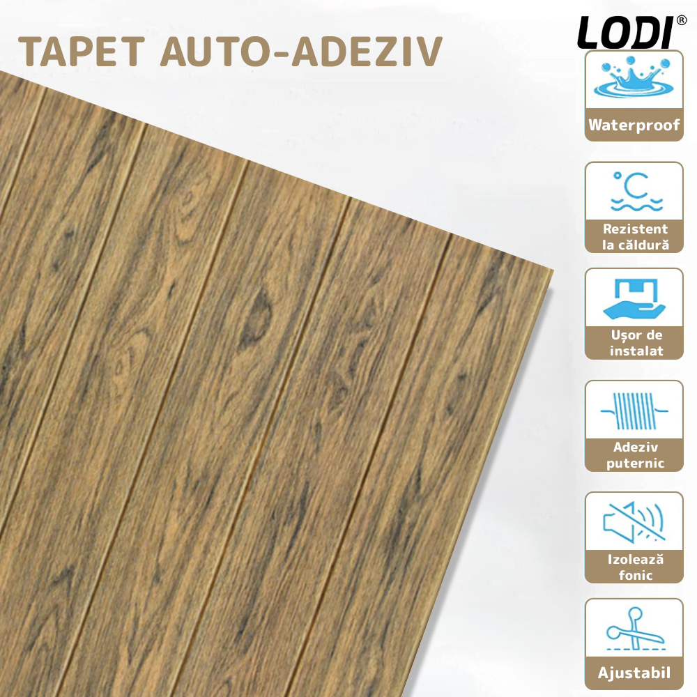 Set Tapet Panou 3D Lodi96, Model Lemn, suprafata acoperire 4.9 mp, autoadeziv, waterproof, usor de montat, design modern, 70x70 cm, maro stejar