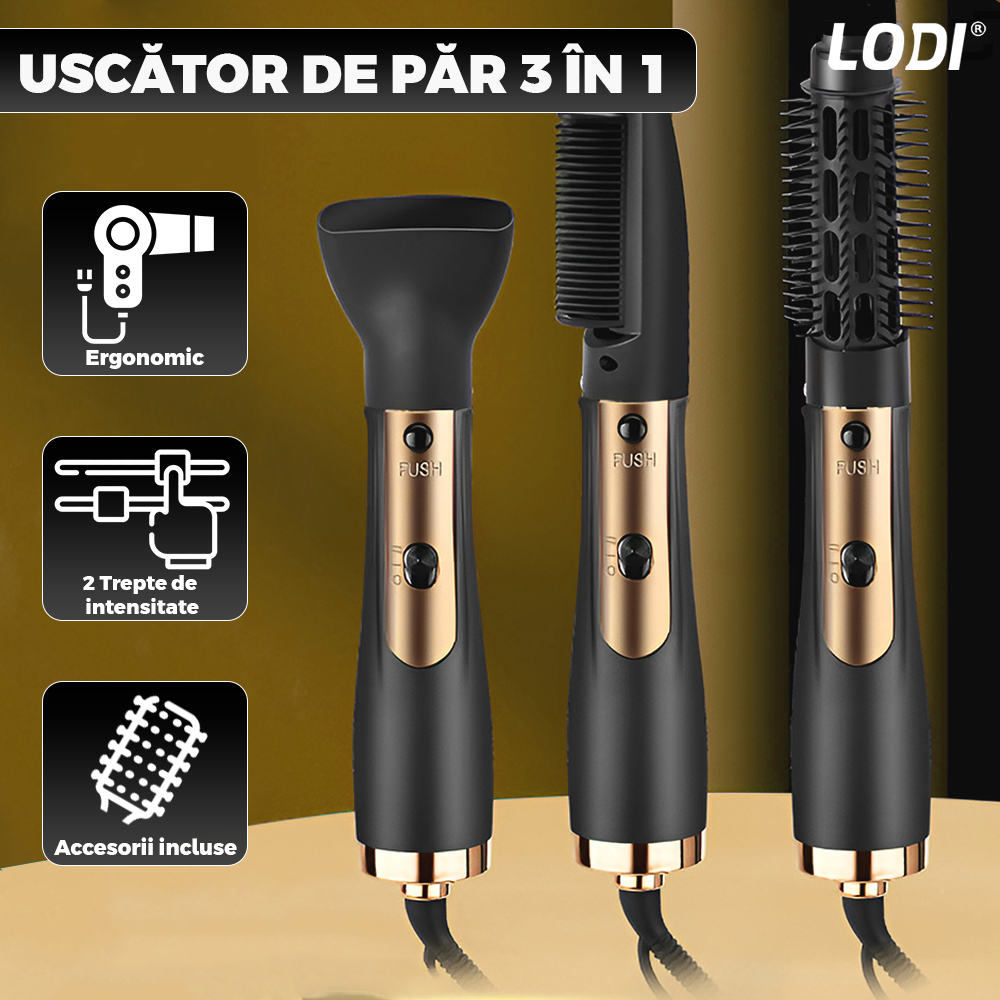 Uscator Profesional de Par 3 in 1 Lodi998, aparat multifunctional coafare si uscare, 3 accesorii incluse, 1000W, gri