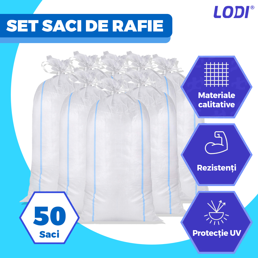 Set 50 de Saci de Rafie Lodi1249, materiale calitative, rezistenta ridicata, capacitate mare, waterproof, 55 x 100 cm, alb/albastru