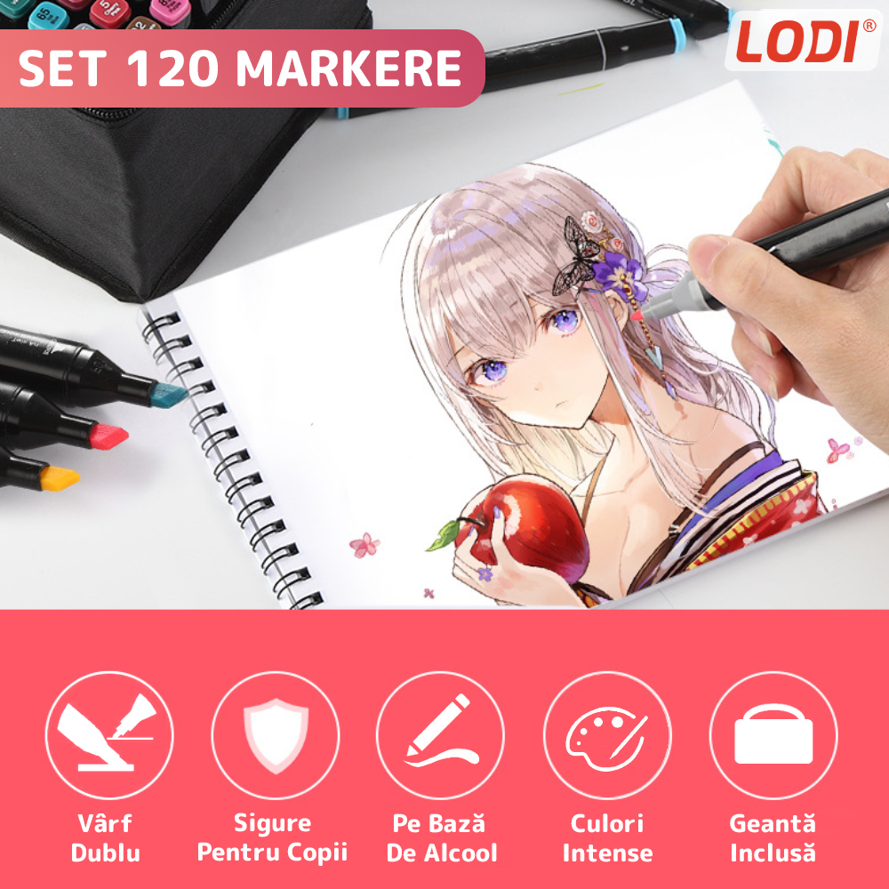 Set 120 Markere Lodi18, geanta de depozitare inclusa, 2 tipuri de varf, pe baza de alcool, culori intense, multicolor
