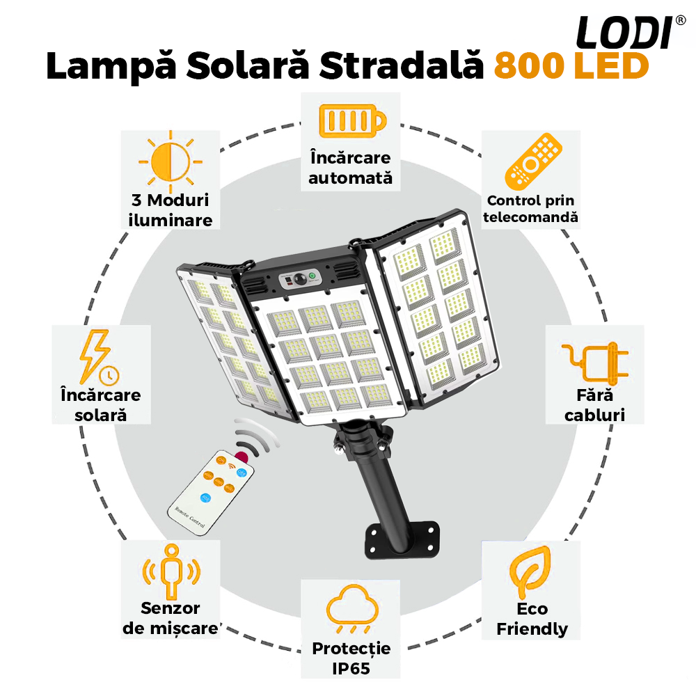 Lampa Solara Stradala 800 LED-uri Lodi862, 3 capete, control prin telecomanda, senzor de miscare, 3 moduri de iluminare, protectie IP65, Waterproof, exterior, negru