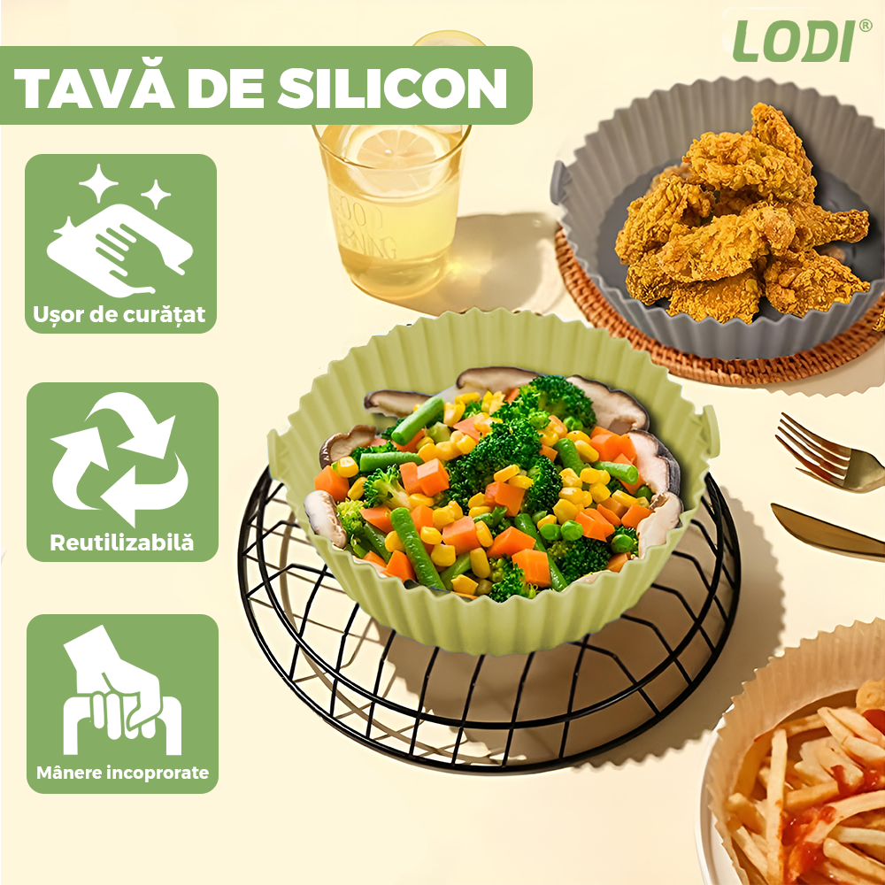 Tava de Copt Rotunda Lodi1309, pentru friteuza/cuptor/microunde, antiaderenta, rezistenta la temperaturi inalte, 21 x 17 cm, verde